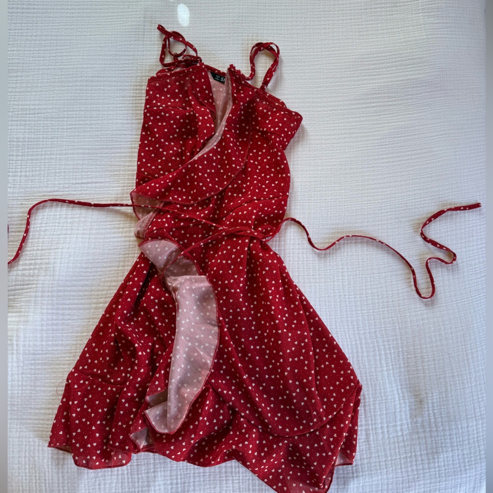 SHEIN Red Heart-Print Wrap Slip Dress